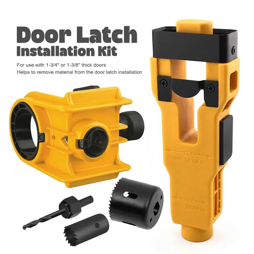 Yellow door latch installation kit with depth tool and hole saw cutter attachments