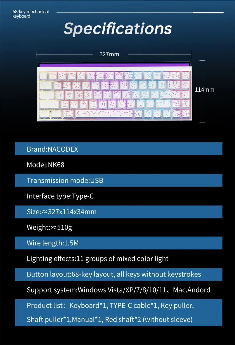 New Ajazz Nacodex Nk68 Mechanical Keyboard Terrain keycap Rgb Light Bar 68-Key Wired Gaming Office Wired Connect Keyboard