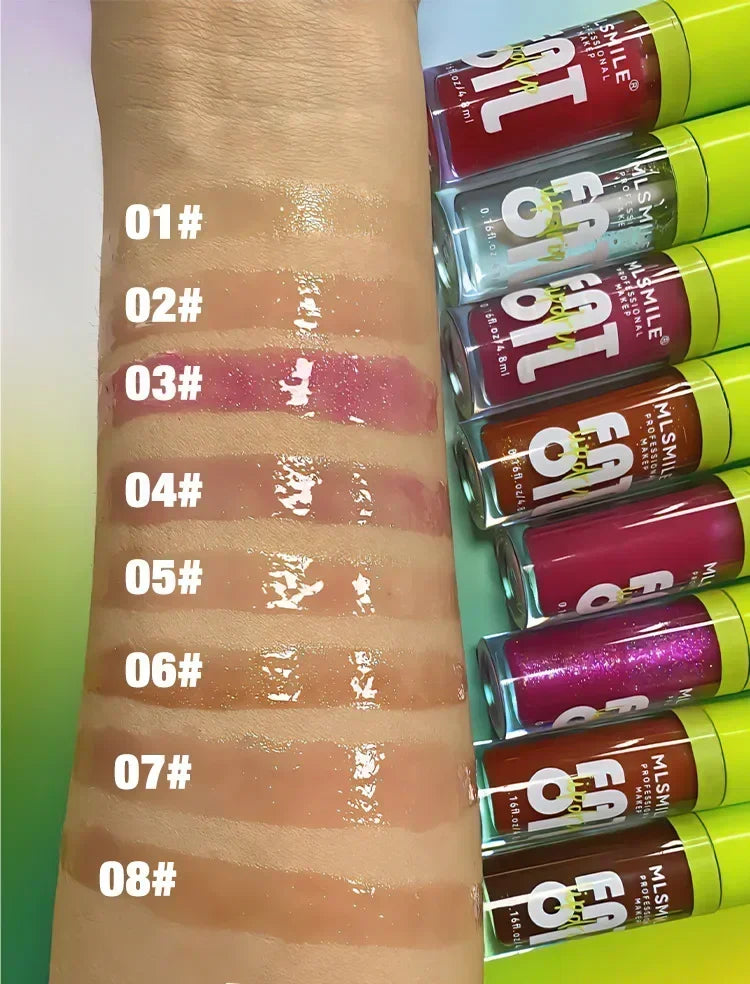 Swatches of 8 moisturizing glitter lip gloss shades on arm, showing sheer, glossy textures and vibrant liquid lipstick hues.