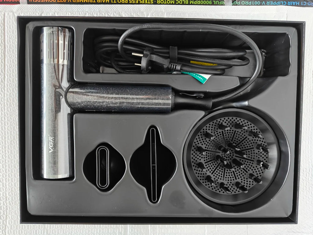 VGR professional brushless hair dryer set in black with nozzles, diffuser, and high-speed motor in a gift box.