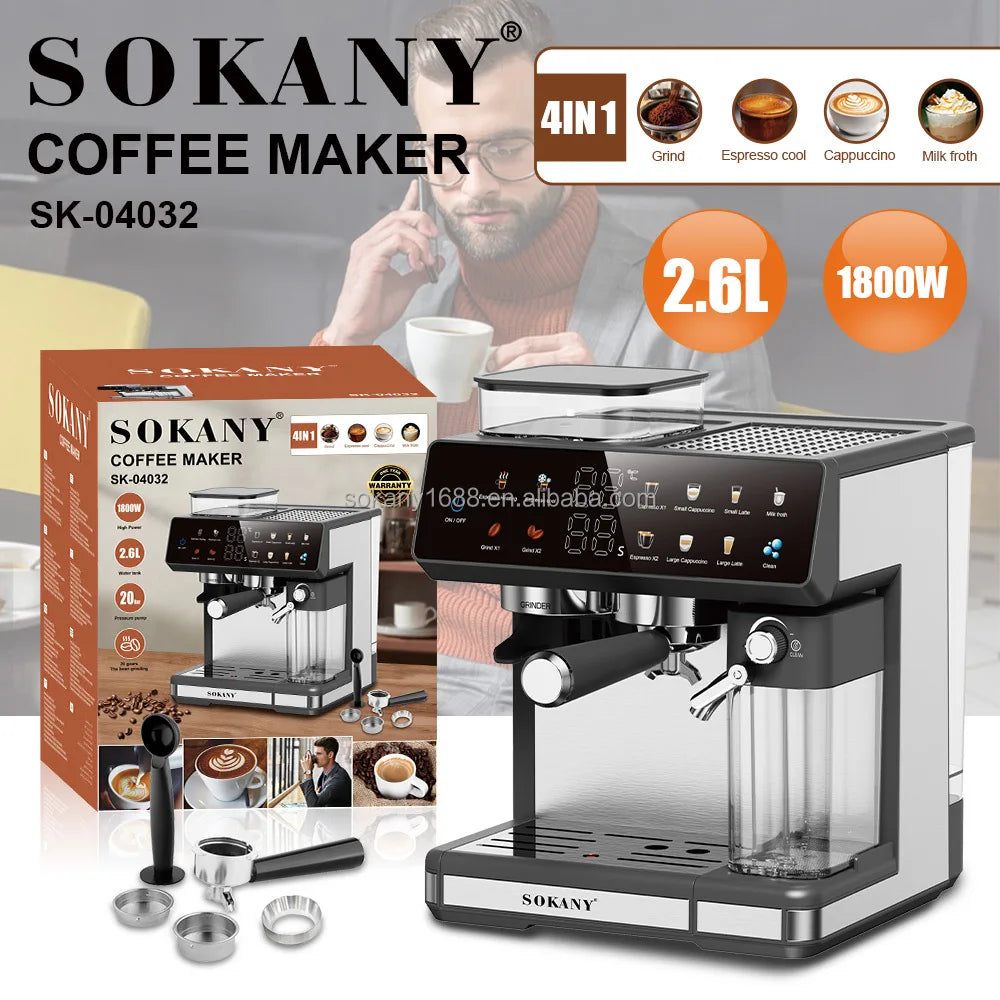 Sokany 4-in-1 espresso coffee maker with 2.6L tank, 1800W power, built-in grinder, and black/silver finish.