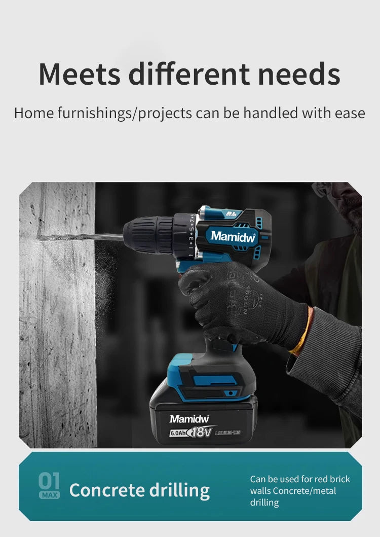 Mamidw 18V Brushless Cordless Drill, 2 Speed Adjustable Handheld Power Drill, Multi Torque Setting Electric Drill for Wood Metal Screwdriving & Drilling, Compatible with Makita 18V Battery PIN.