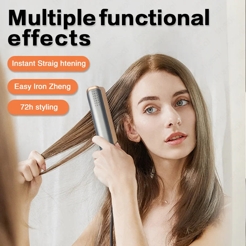 TINSOL 2-in-1 gold and grey professional hair straightener and curling iron with wide panel styling a woman's hair.