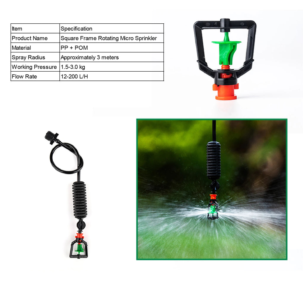 Square-frame rotating micro sprinkler with black stem and orange outlet base