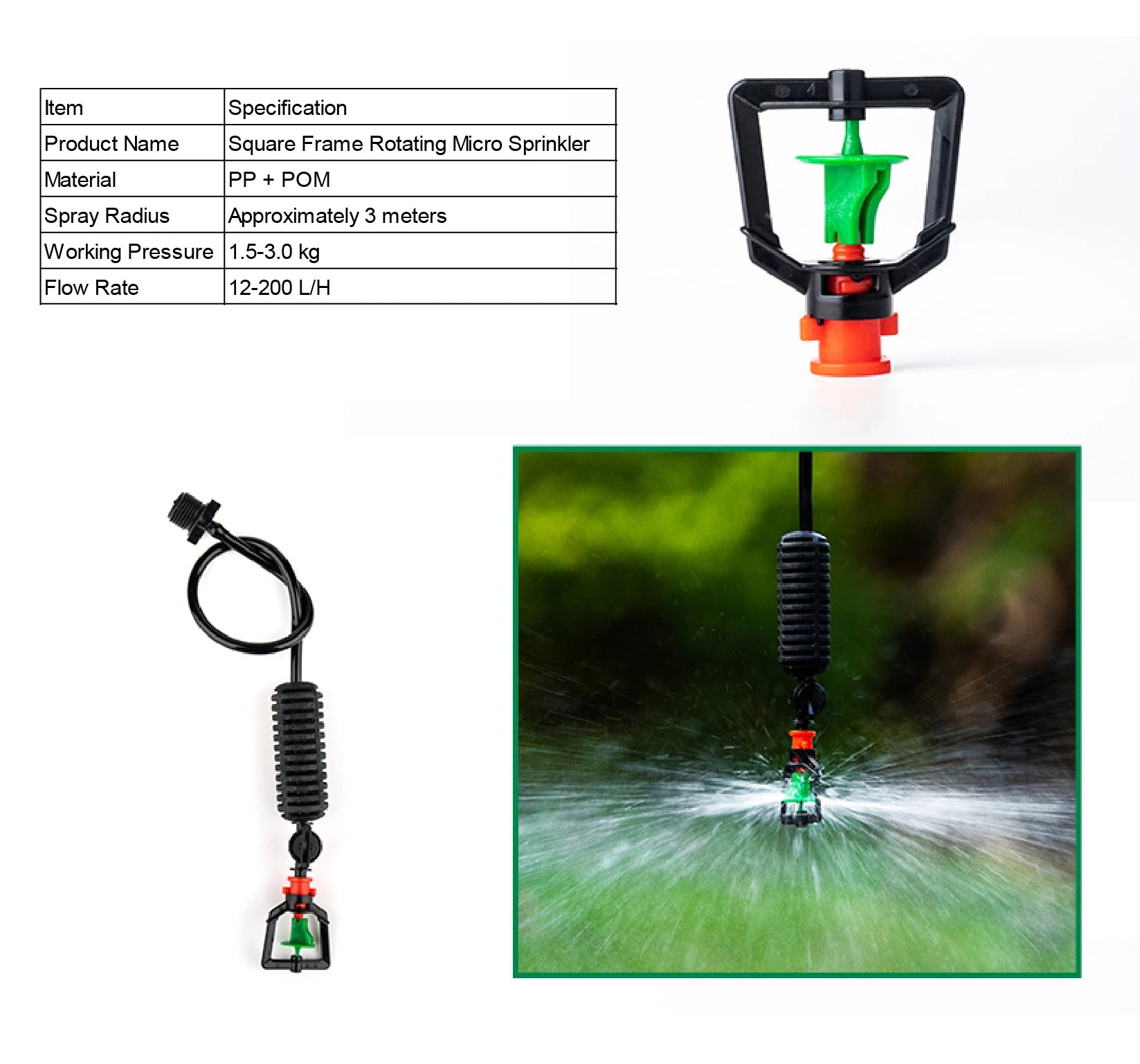 Square frame rotating micro sprinkler nozzle with green center and orange base