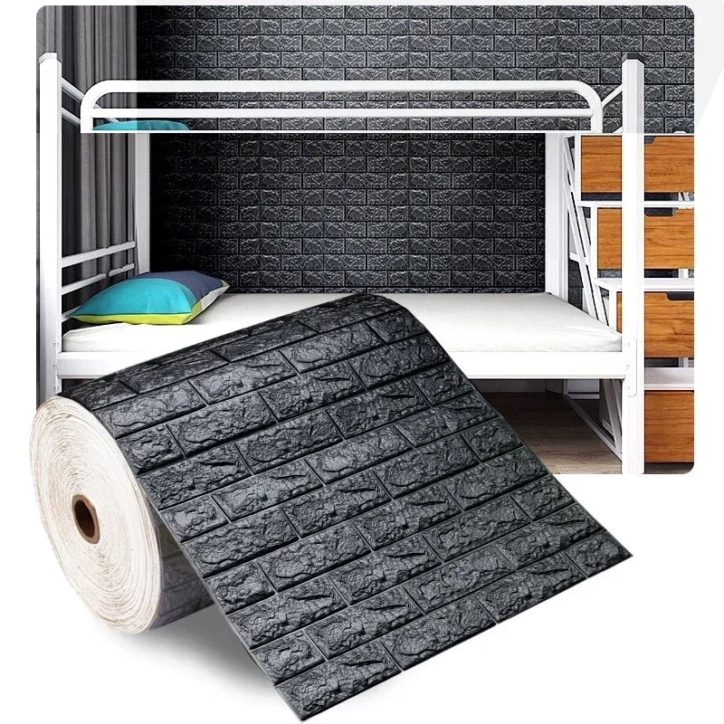 3D self-adhesive brick wallpaper roll in dark gray-black, embossed brick pattern