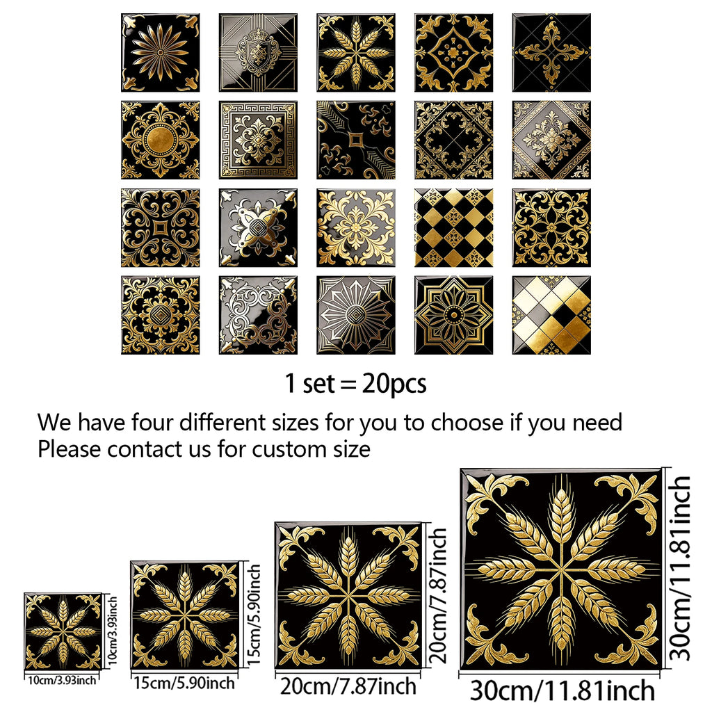20pcs Classic Black Gold Ornate Baroque Style Tile Transfers Waterproof Stickers for Home Renovation