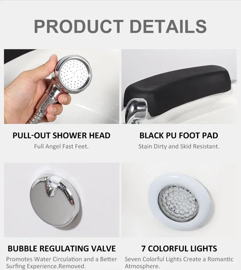White foot bath with pull-out shower head, black PU foot pad, and bubble lights