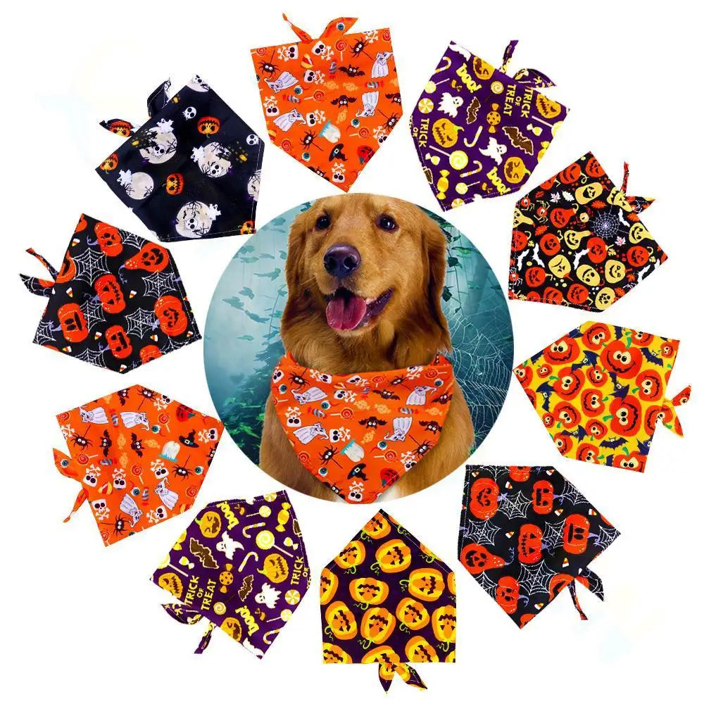 Halloween dog bandanas set: colorful pumpkin, bat, and ghost print triangle scarves for cute pet costume decoration.