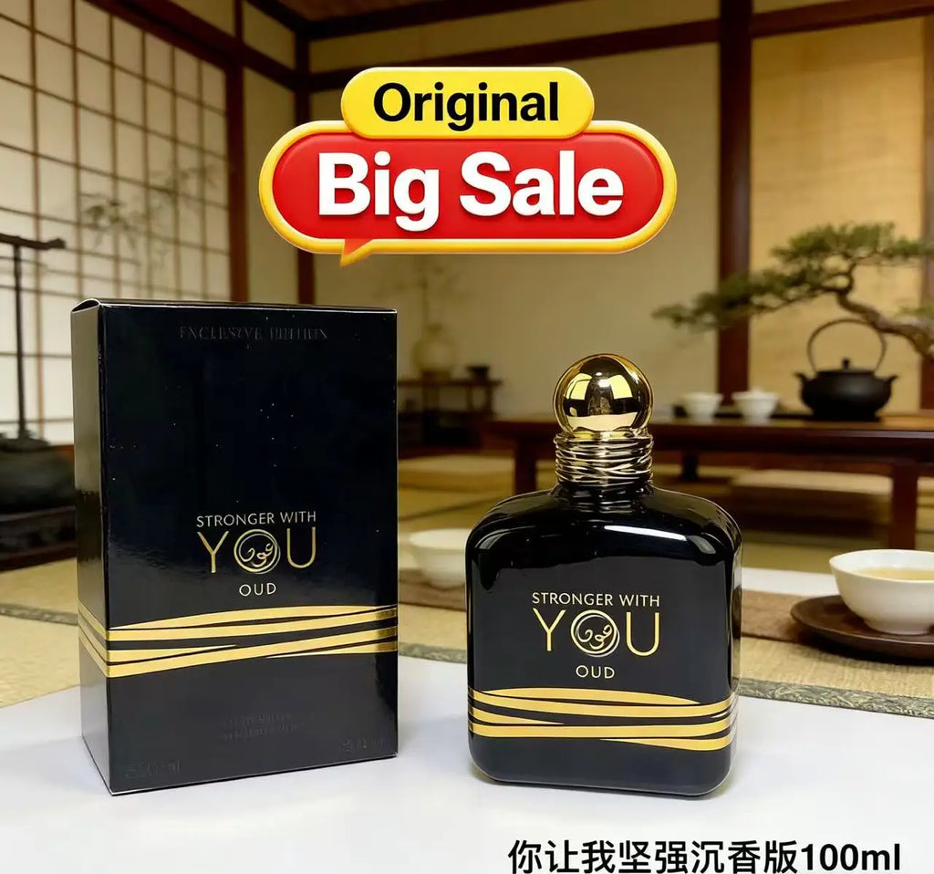 Stronger With You Oud 100ml unisex perfume. Black square bottle with gold cap and accents. Long-lasting woody EDP scent.