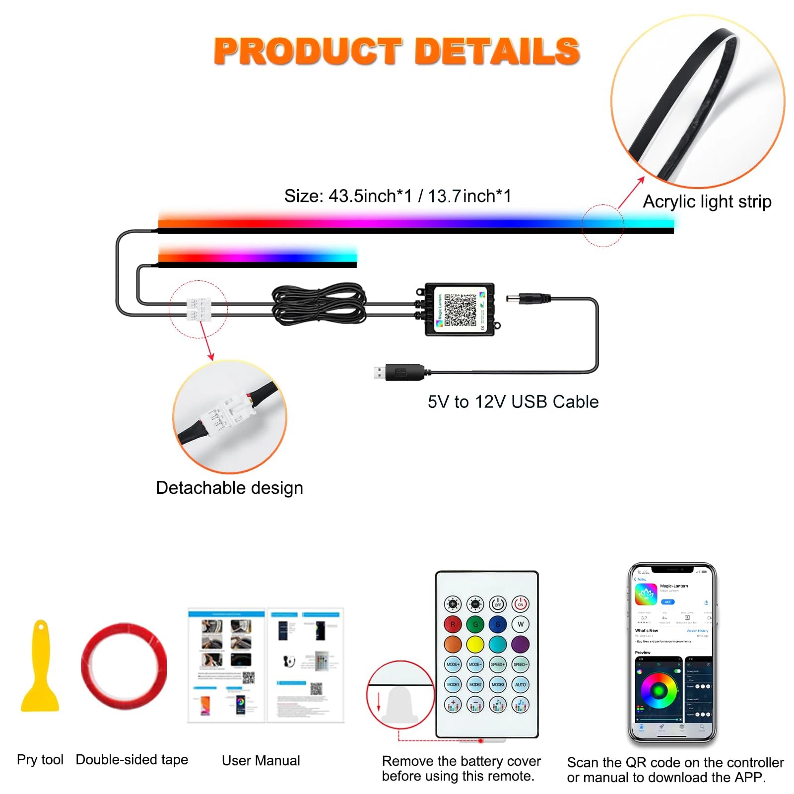 Tidesmit RGB Car Ambient LED Interior Lights with App Control 2 in 1 APP Remote Tidesmit