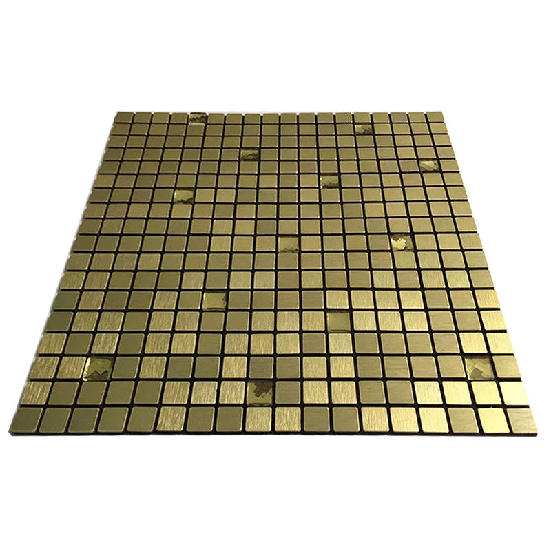 Self-adhesive mosaic wall tile sheet, olive-gold square mosaic grid with darker mottled spots