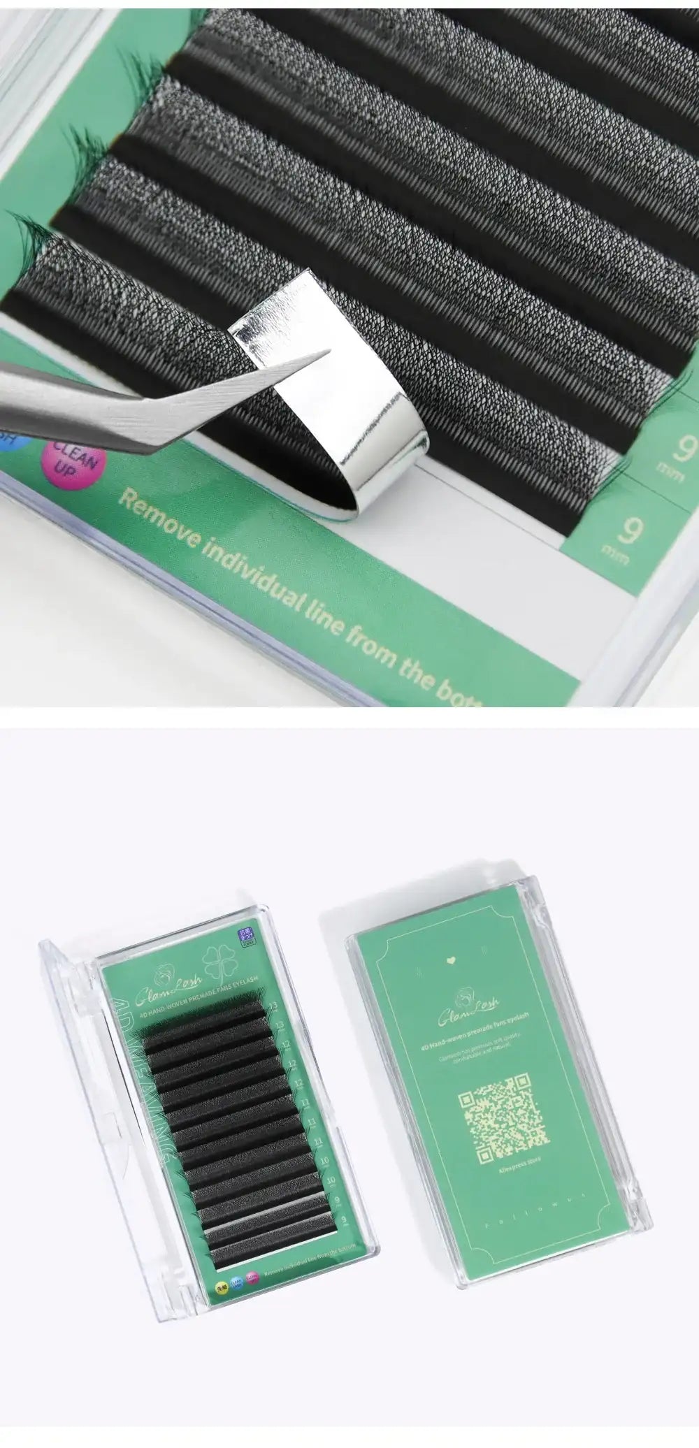 Black 4D pre-made fan eyelash extensions in a green tray with tweezers lifting a strip for professional application.