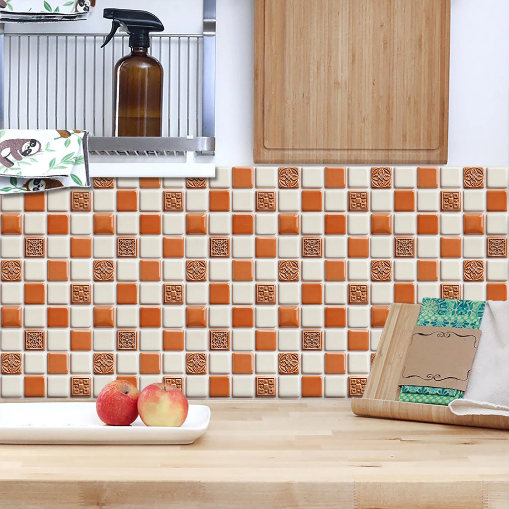 10pcs Flat Mosaic Tiles Sticker Set Kitchen Bathroom Wall Decals Gloss Waterproof Film 2D Surface Cover Transfers for Home Decor