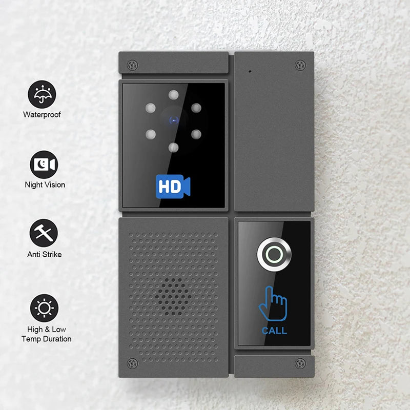 Wall-mount video door intercom in dark gray, featuring camera window and call button