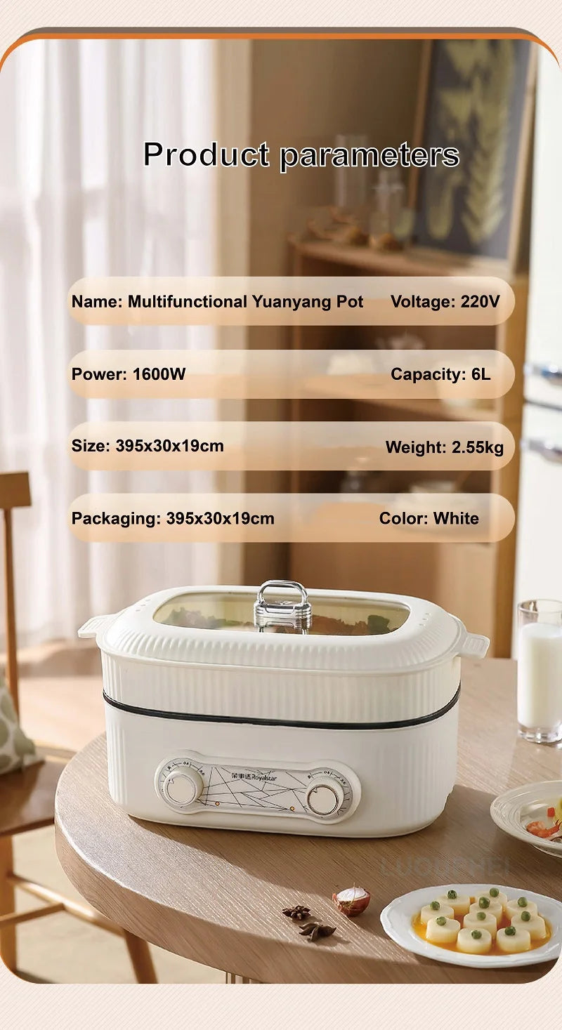 6L white multifunction electric hot pot with side temperature dial and locking lid handle