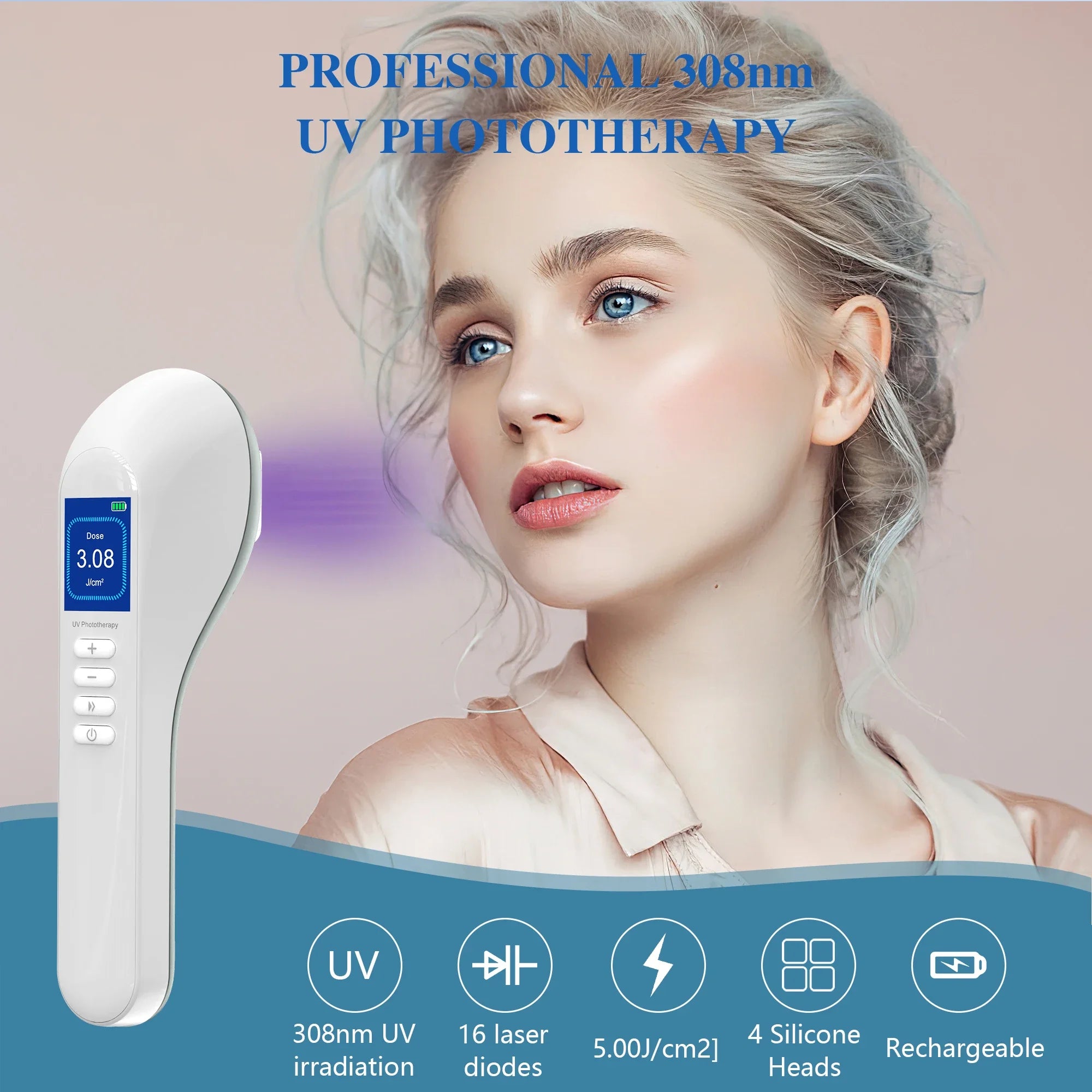 White handheld 308nm UV phototherapy device for skin treatment, featuring an LCD screen and rechargeable battery.