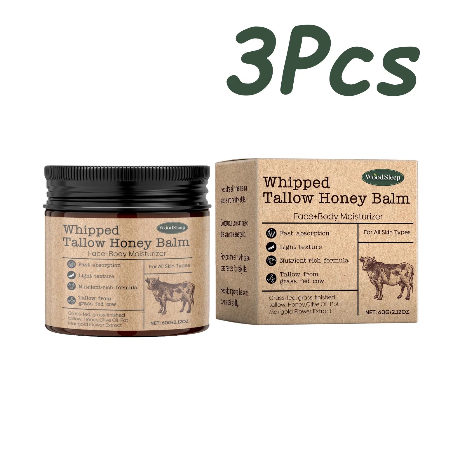 Whipped Beef Tallow Honey Balm Deeply Moisturizer Brightening Fast Absorption Grass Fed Grass Finished Face Cream Body Lotion