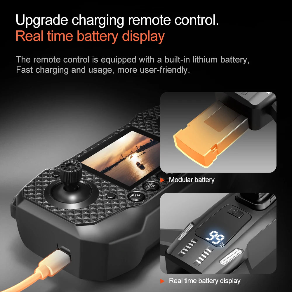 Black remote control with screen, modular battery slot, and digital battery percentage display, connected to USB cable.