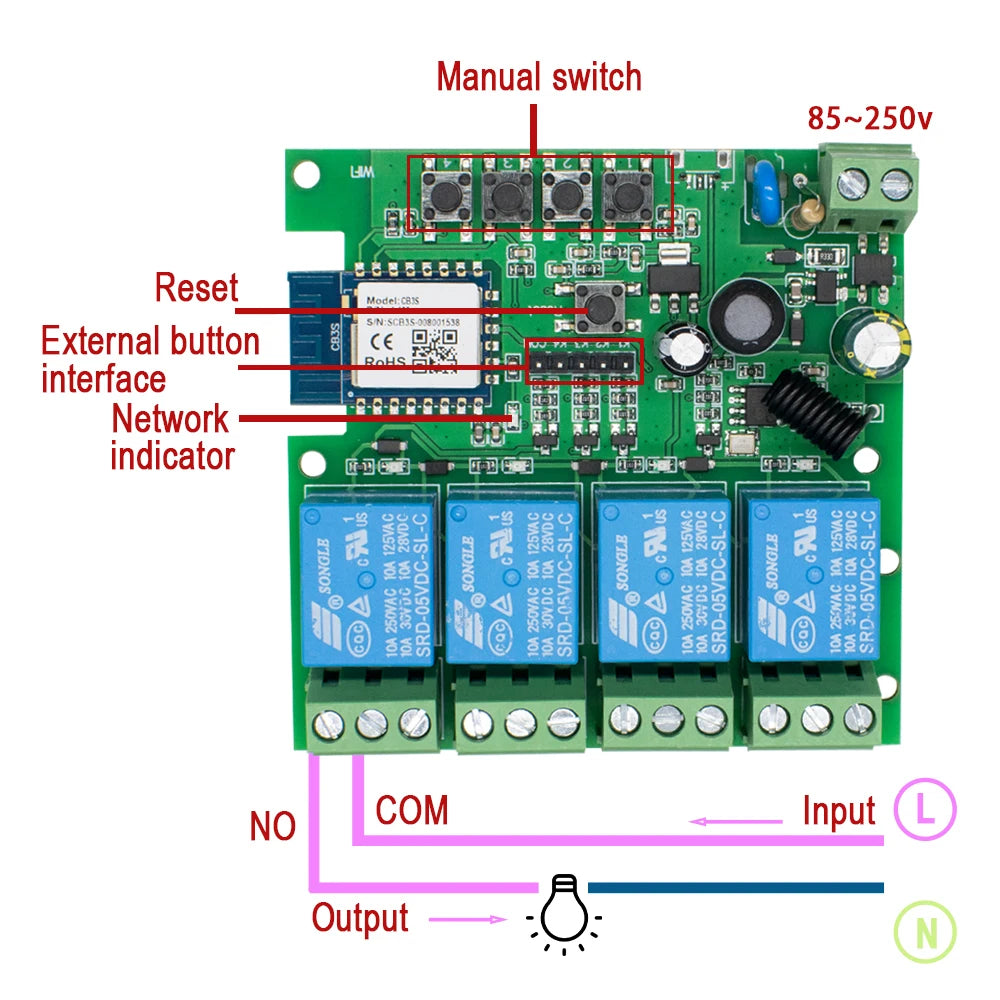 Black Style Tuya 4CH Wifi Smart Home Appliance Control Switch Module 220V 85-250V 10A Relay With Momentary Toggle Interlock Mode