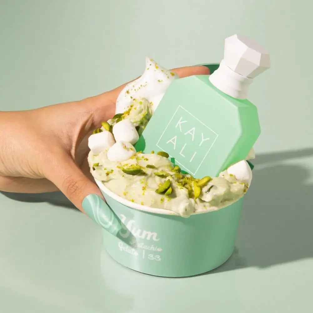 Kayali Yum Pistachio Gelato 33 EDP, 100ml luxury women’s perfume with sweet pistachio, vanilla, and woody notes.