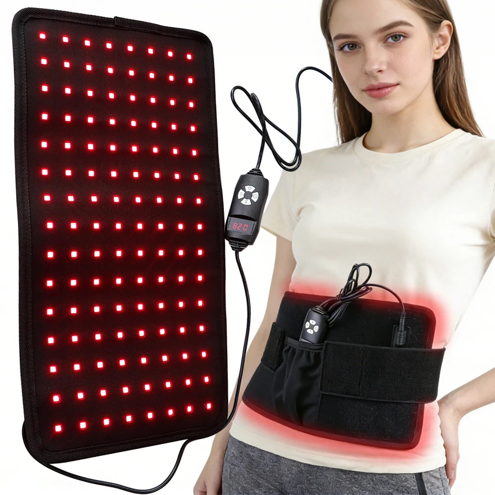 Red light therapy belt with 120 LEDs for waist pain relief, body shaping, and heat massage with handheld controller.
