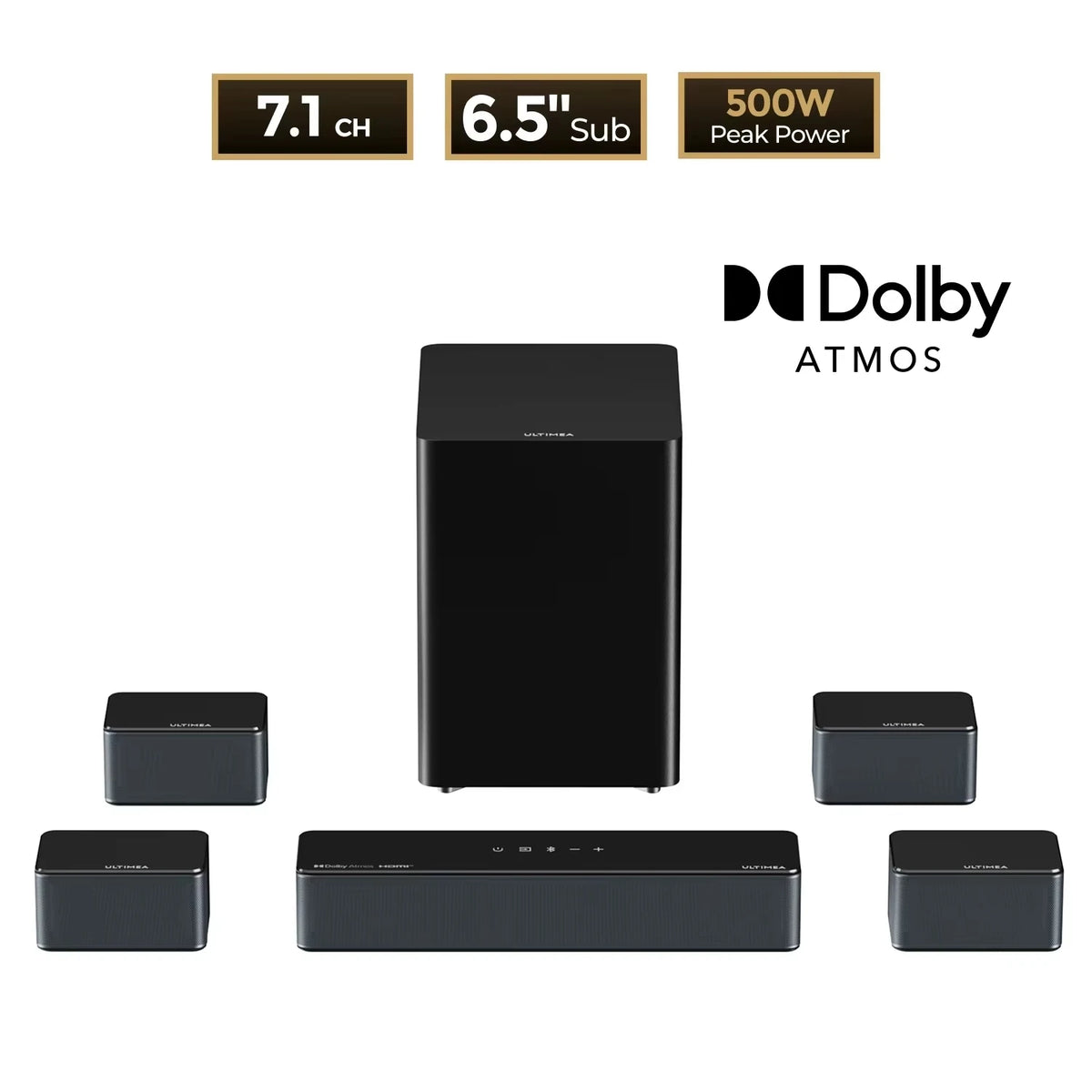 Dolby Atmos 7.1 home theater sound bar kit with 6.5 in subwoofer and surround speakers