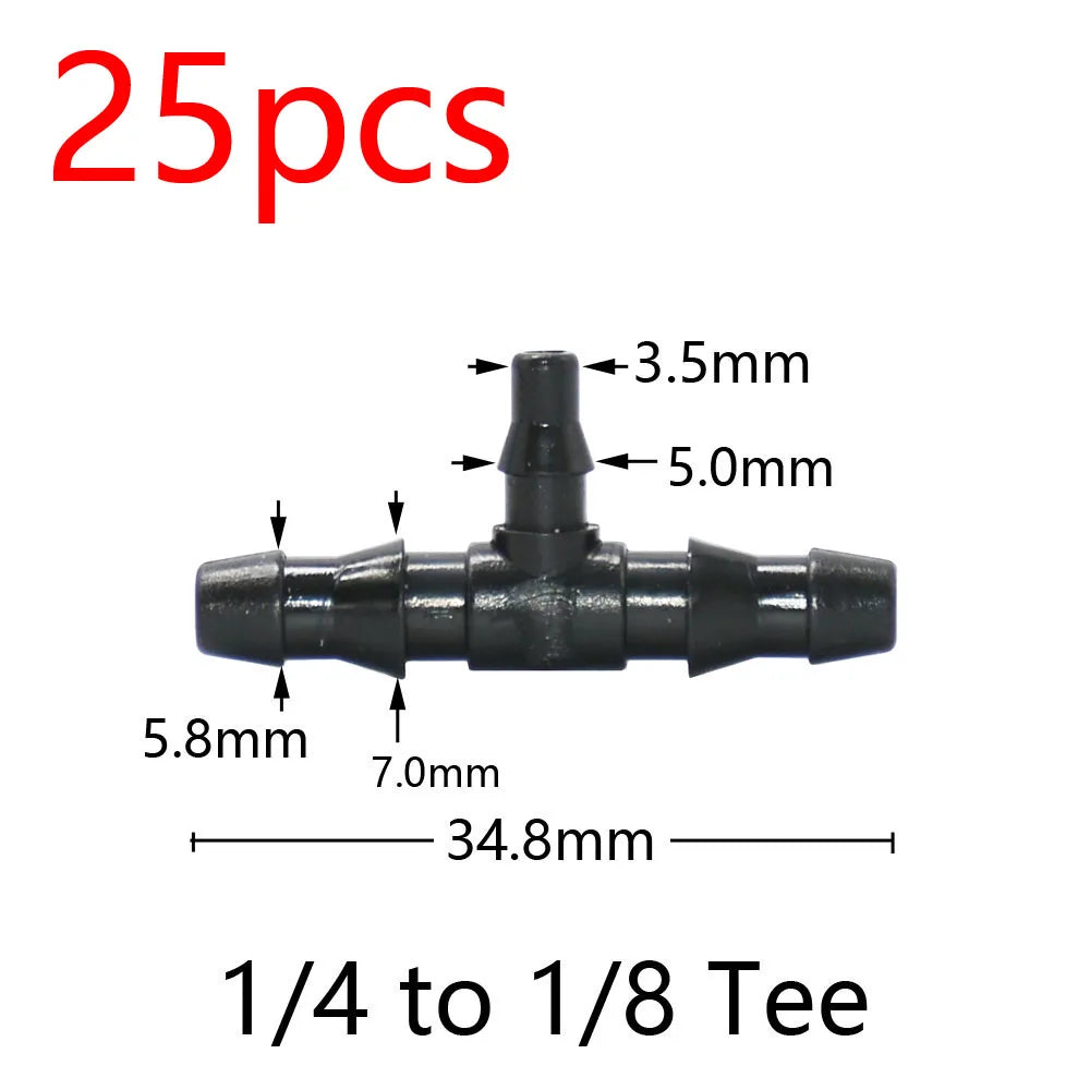Barbed tee irrigation connector, 1/4 to 1/8 size, dark plastic three-way fitting