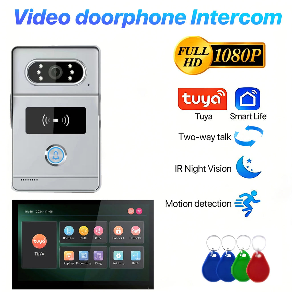 Tuya 7' Touch Screen Smart Video Doorbell System 2-Wire Remote RFID Unlock Night Vision Home Intercom Kit for Villa