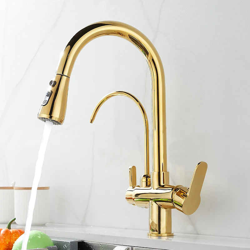 White Hot Cold Filter Kitchen Sink Faucets 3 Ways Pure Water Pull Out Kitchen Sink Mixer Tap Brass Filter Kitchen Sink Faucet