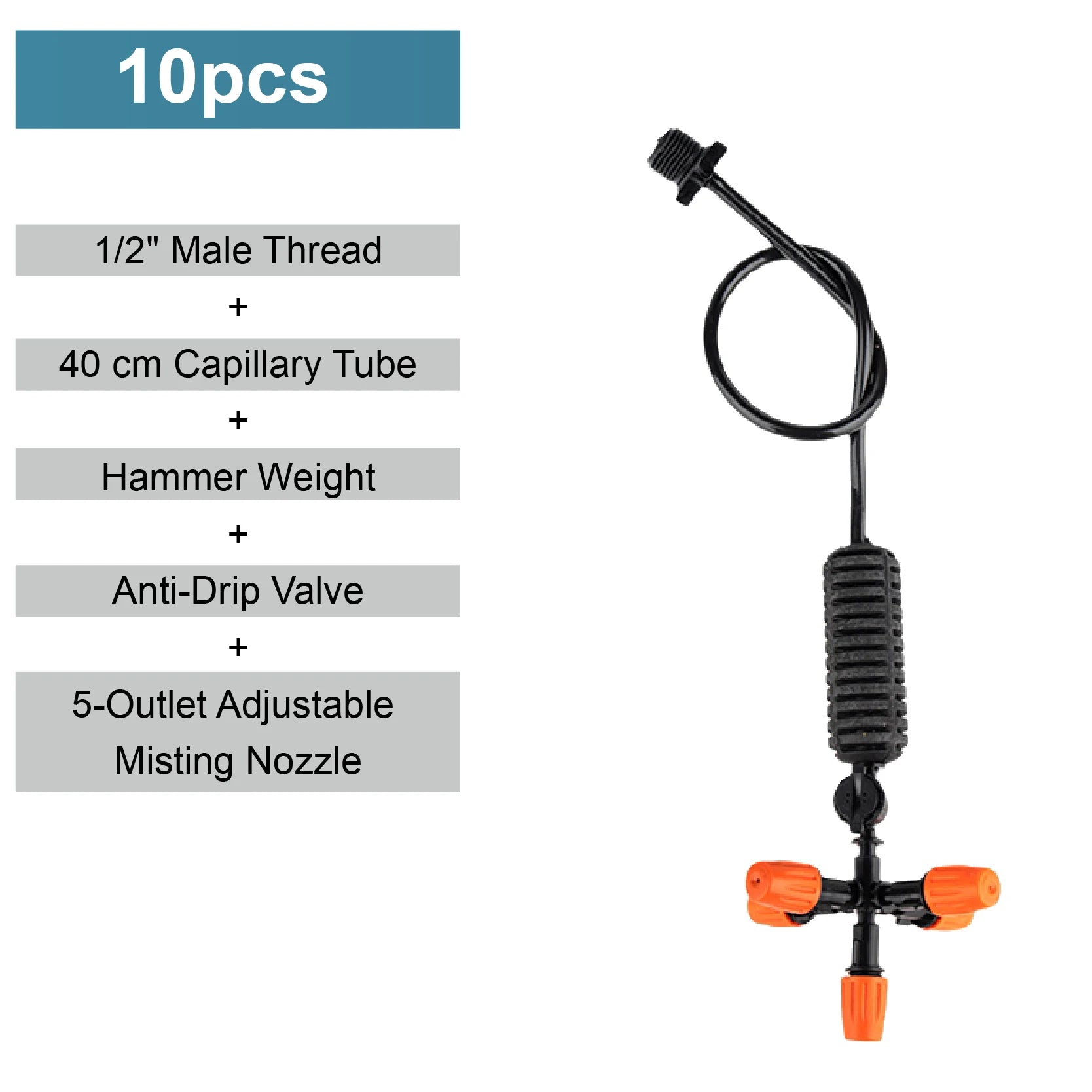 Hanging mist sprayer nozzle with 5 outlets, black capillary tube and orange sprayer head