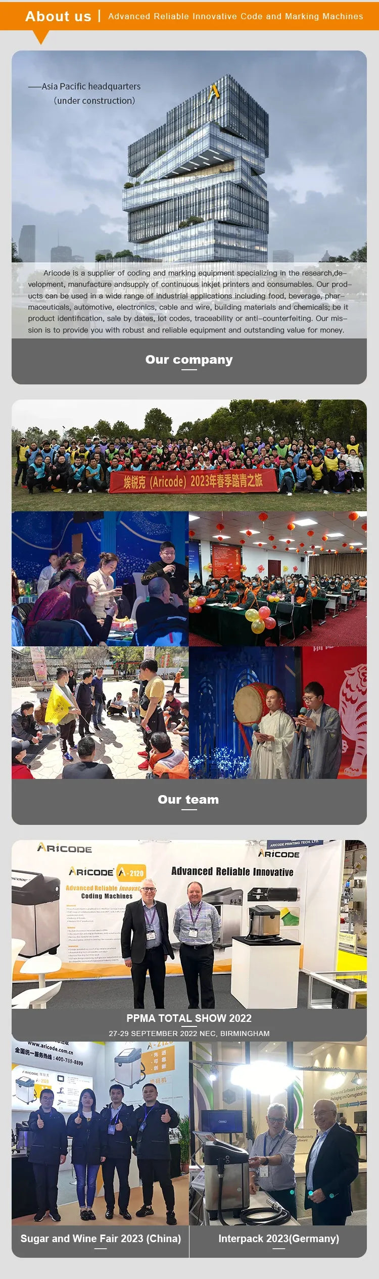 AriCODE promotional brochure page with company photos and multi-section layout