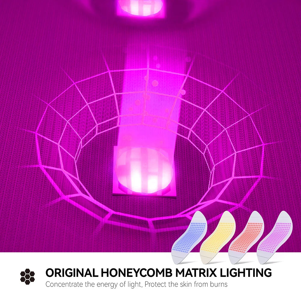 Close-up of a honeycomb matrix lighting pattern on fabric, emitting bright pink LED light for a skin care device.