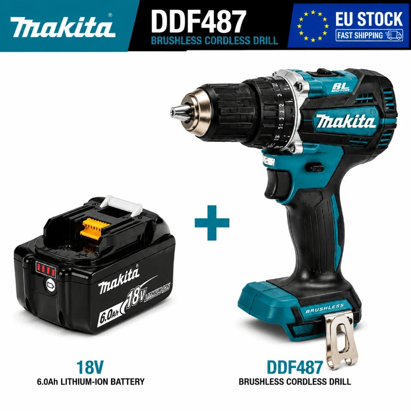 Makita 18V LXT Brushless Cordless Drill DDF487 + BL1860B BL1840 6.0Ah Battery Pack OEM Original High Torque Power Tool Set EU Warehouse Fast Shipping