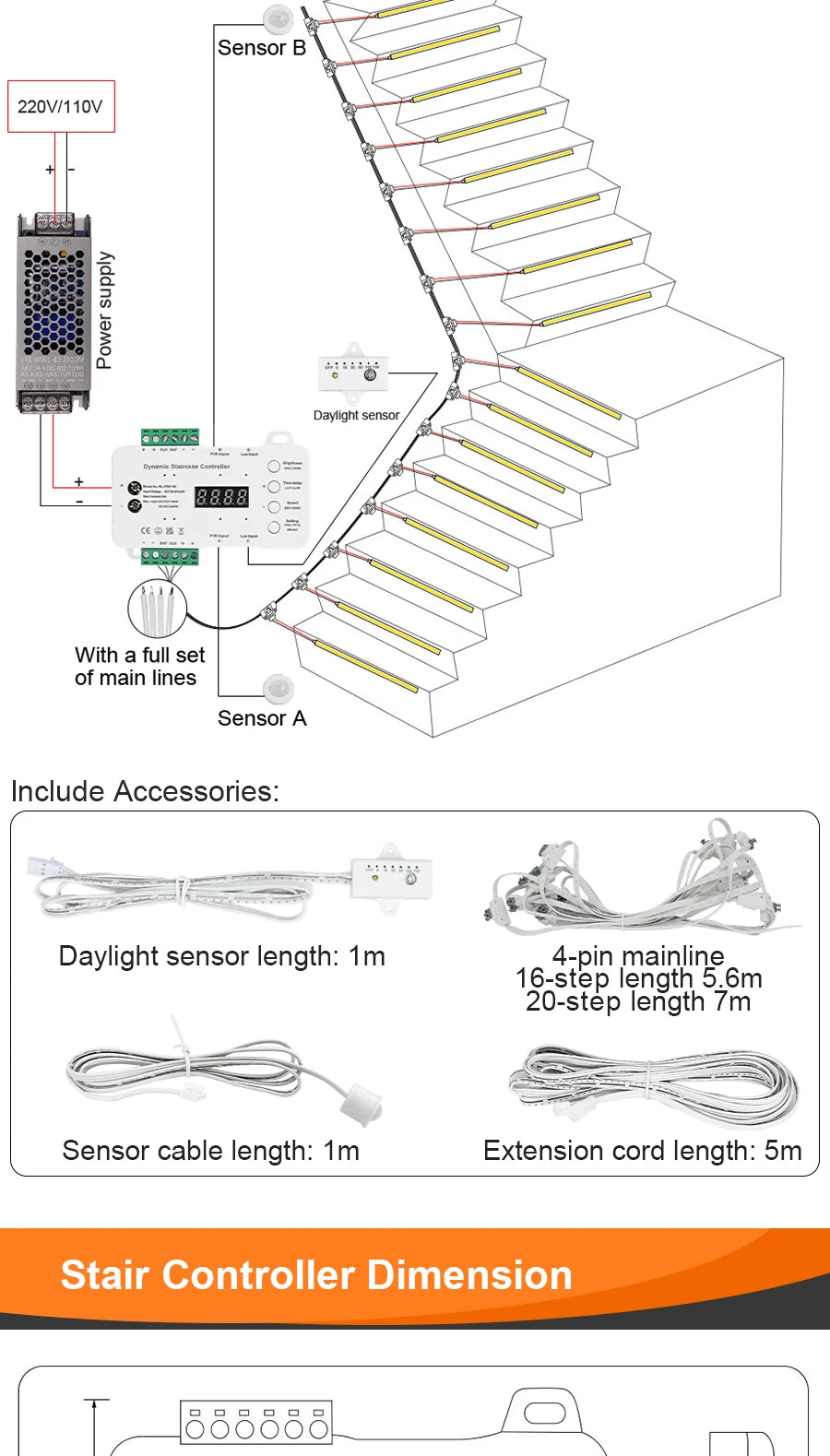 1-28 Steps Sensor LED Stair Light PIR Motion Sensor Stair Lighting COB LED Strip Kit With Plug For Indoor LED Staircase Light