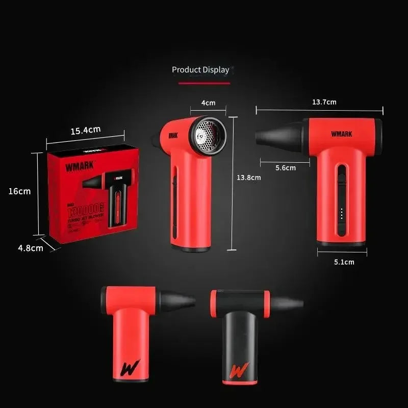 WMARK cordless turbo jet blower, red handheld hair dryer with nozzle attachment and dimensions in packaging.