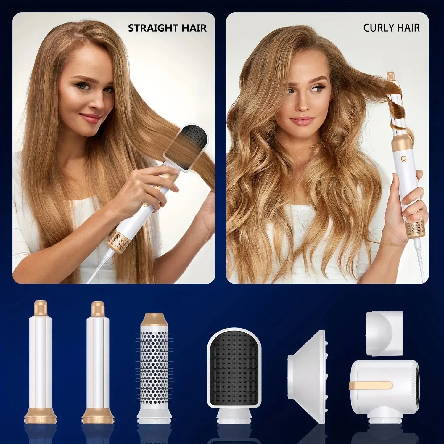 TINSOL 7-in-1 white and gold hair dryer, curling iron, and hot brush set for styling straight or curly hair at home.