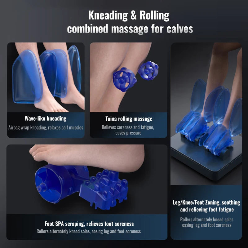Massage chair features showing blue, transparent calf airbags, rollers, and foot scrapers for muscle relief.