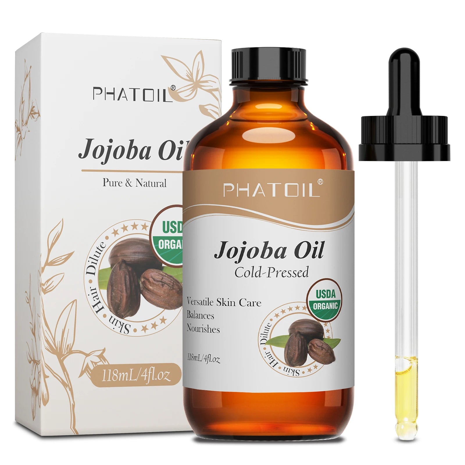 Jojoba oil facial oil bottle with black cap, dropper and boxed packaging, 118ml