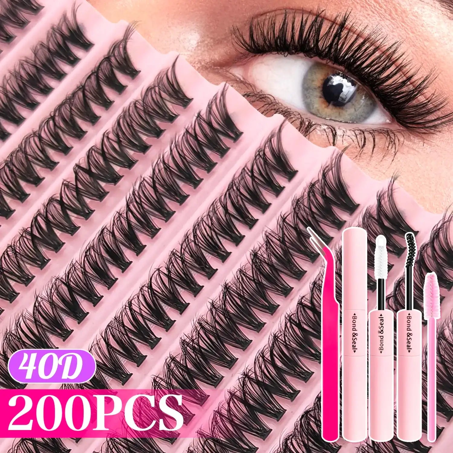 720/200pcs eyelash Extension Kit Fluffy Eyelash Extension kit with Lash Bond and Seal Lash Tweezers Thick Lash Clusters Wispy False Eyelashes 200PCS 40D KIT Tidesmit