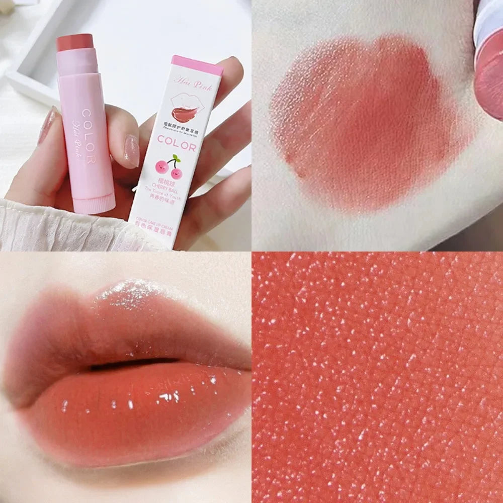 Moisturizing cherry pink tinted lip balm in a cute tube with glossy, hydrating, fade-reducing texture for soft lips.