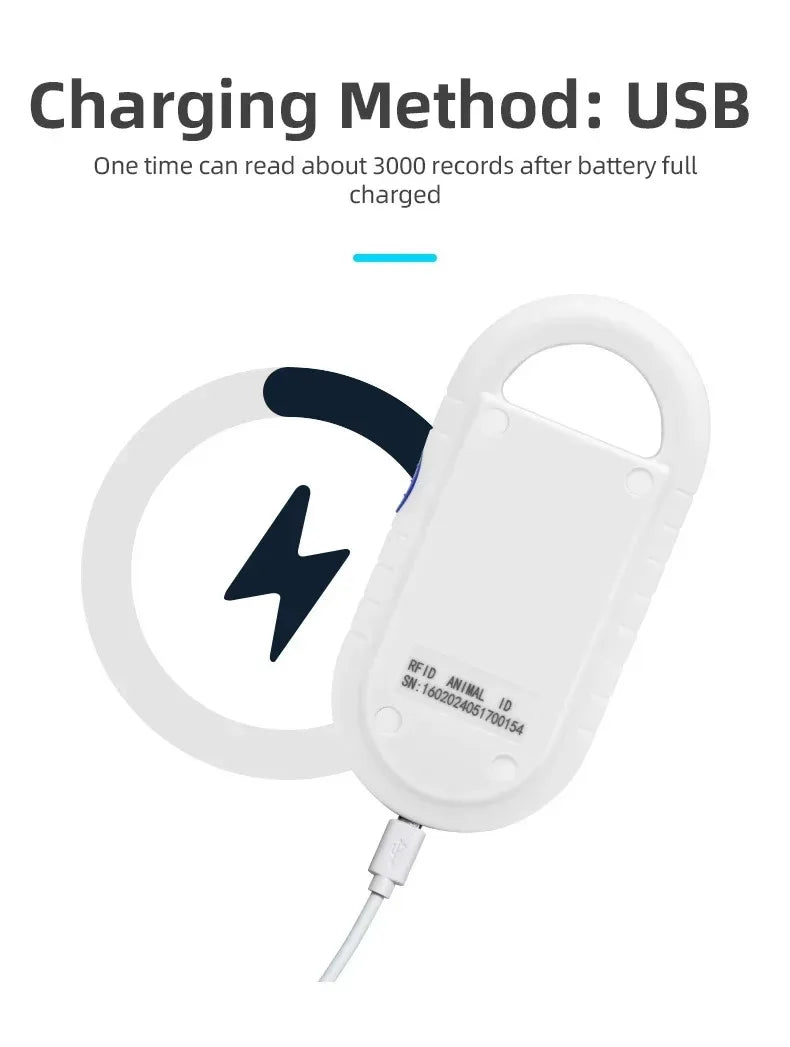 5YOA white USB rechargeable handheld pet microchip reader scanner for dogs and cats with fast charging.