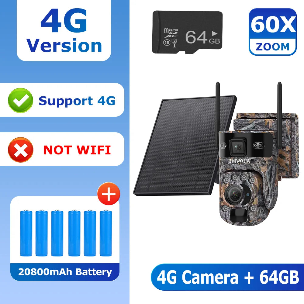 Camouflage outdoor 4G security camera with solar panel and 64GB microSD card