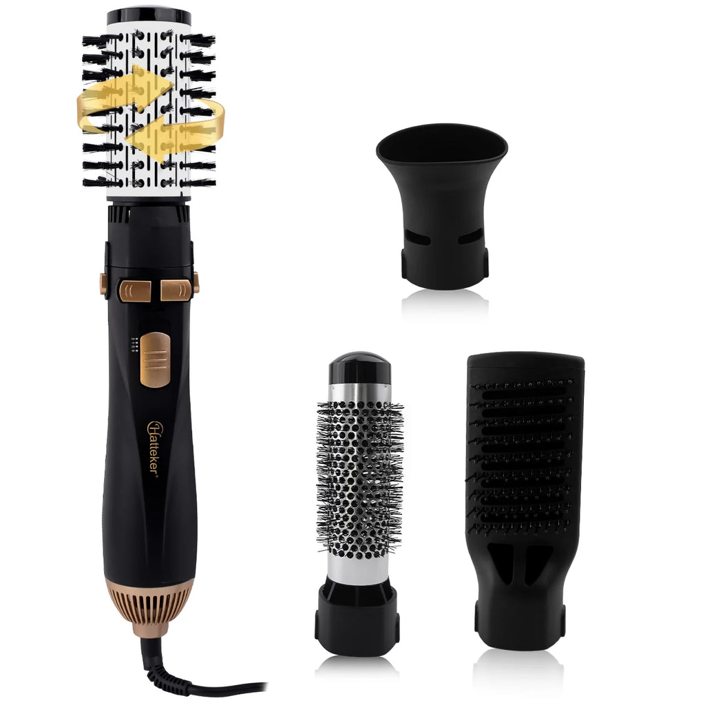 Hatteker 4-in-1 hot air brush set in black/gold with drying, curling, and straightening attachments for styling hair.