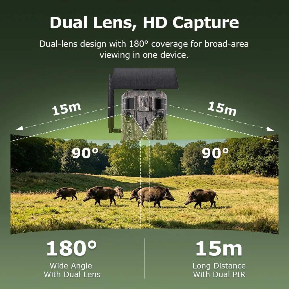 INQMEGA 24MP Dual Lens Solar 4G GPS Hunting Trail Camera AI PIR 180° Wide Angle Night Vision IP66 Outdoor Wildlife Camouflage