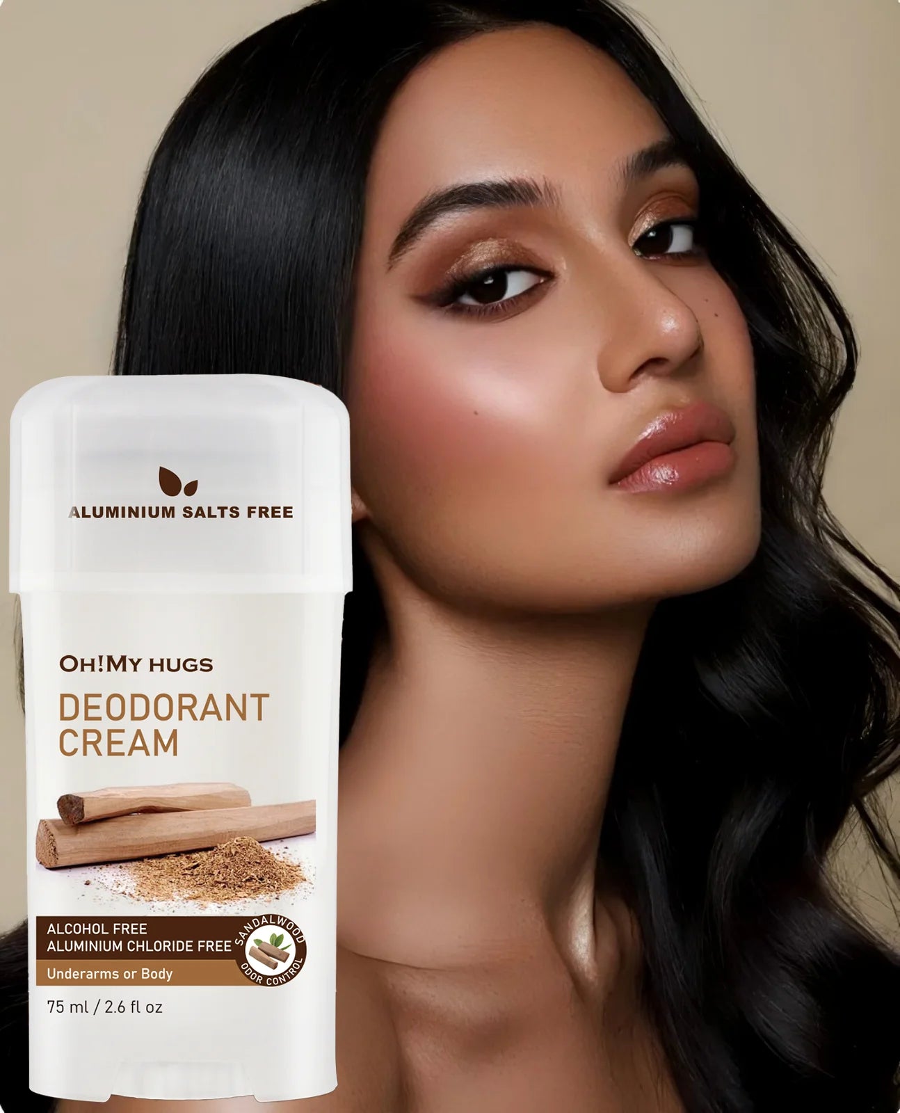 Persistent Sandalwood Deodorant Cream with model featuring glossy, nude-toned lip makeup and soft, shimmering textures.