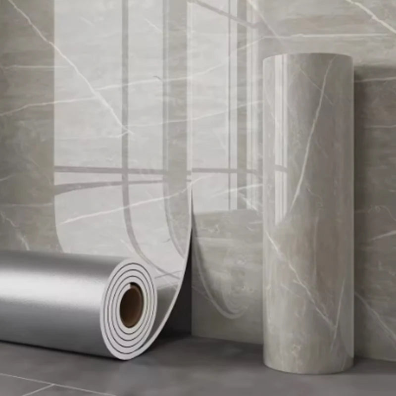 Gray marble-pattern self-adhesive wallpaper roll with thick foam tile-look design