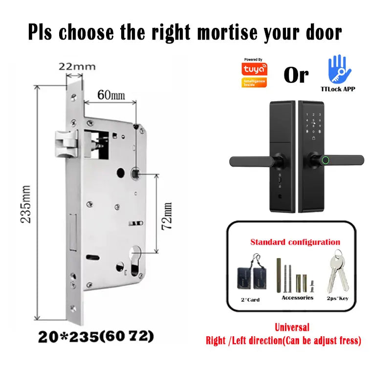 Keyless Tuya Bluetooth APP Digital Biometric Fingerprint Electric Smart Door Handle Key Card Lock with 5050 72 85 Mortise
