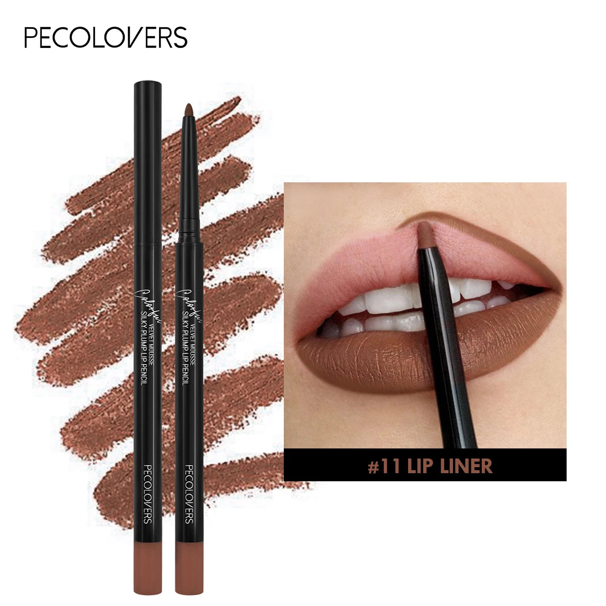 Pecolovers #11 brown matte lip liner pencil. Long-lasting, waterproof, smudge-proof velvet mousse lip makeup swatch.