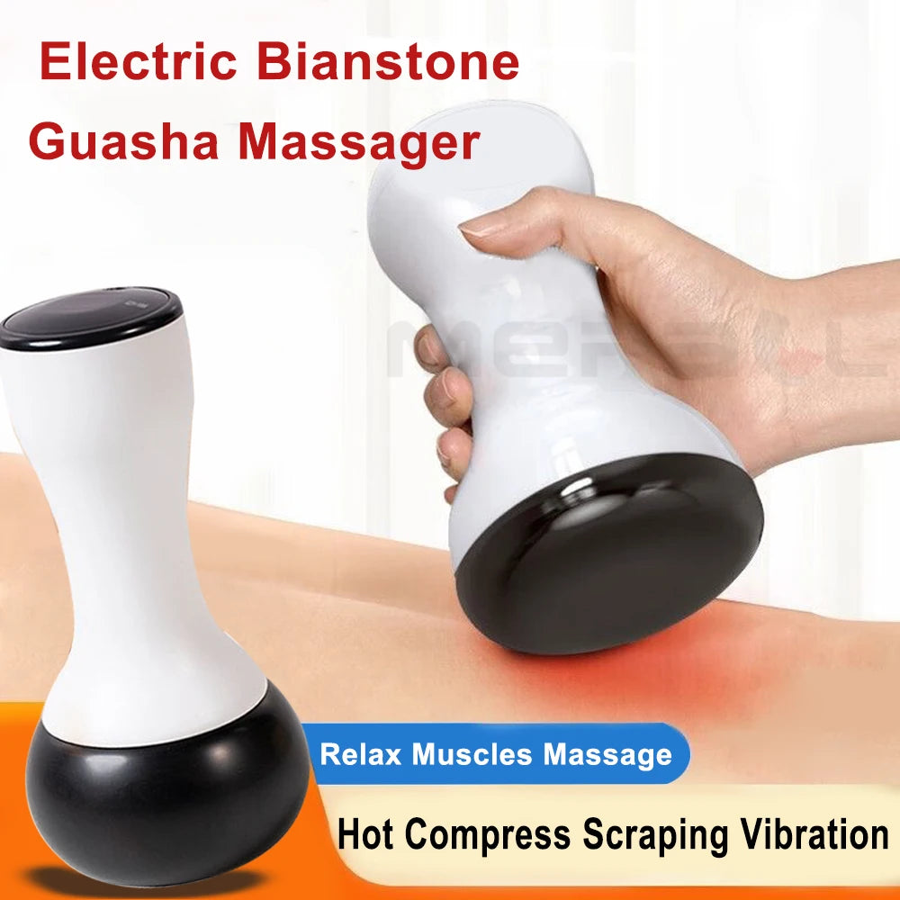 Handheld white and black electric Bian stone Gua Sha massager being used on skin for a hot compress massage.